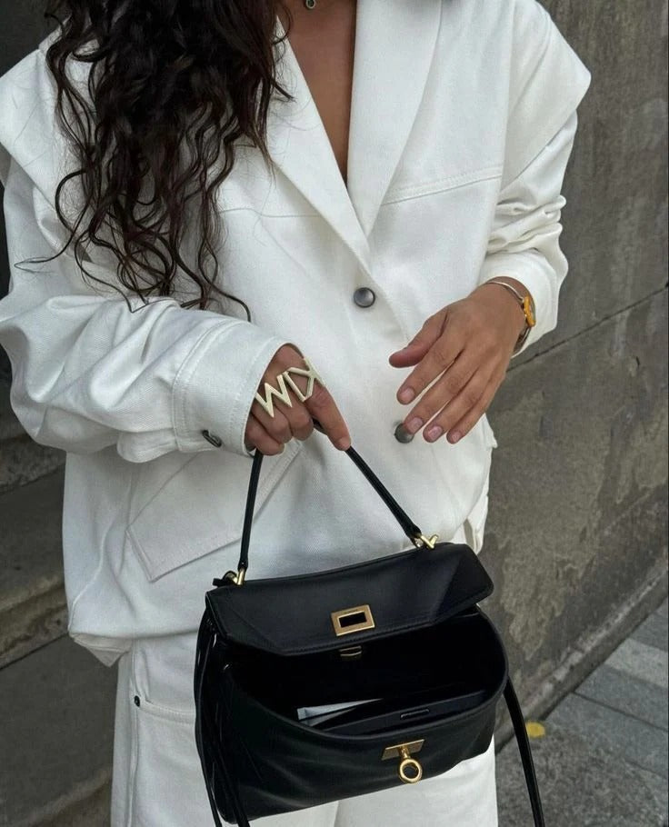 Structured Flap Shoulder Bag with Gold-Tone Hardware