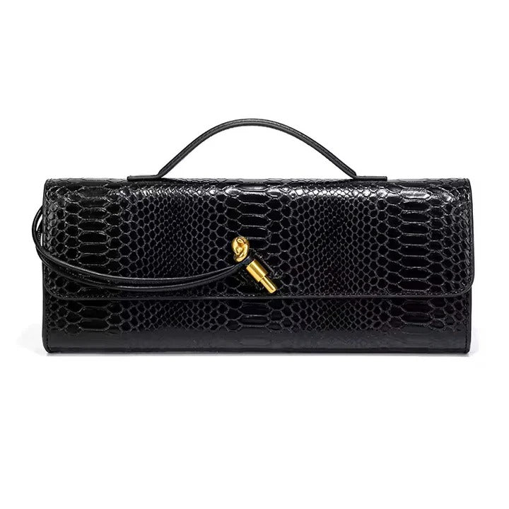 Snake-Embossed Handle Clutch with Gold-Tone Twist Detail