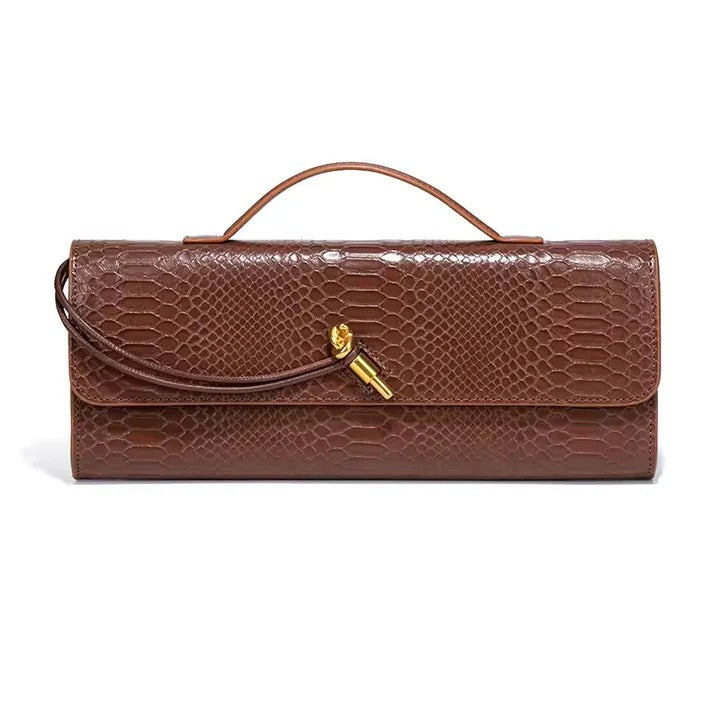 Snake-Embossed Handle Clutch with Gold-Tone Twist Detail