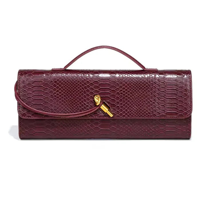 Snake-Embossed Handle Clutch with Gold-Tone Twist Detail