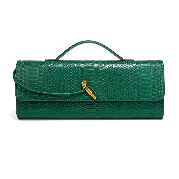 Snake-Embossed Handle Clutch with Gold-Tone Twist Detail