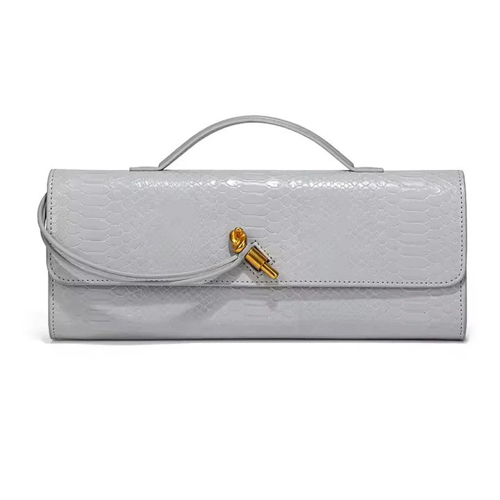 Snake-Embossed Handle Clutch with Gold-Tone Twist Detail