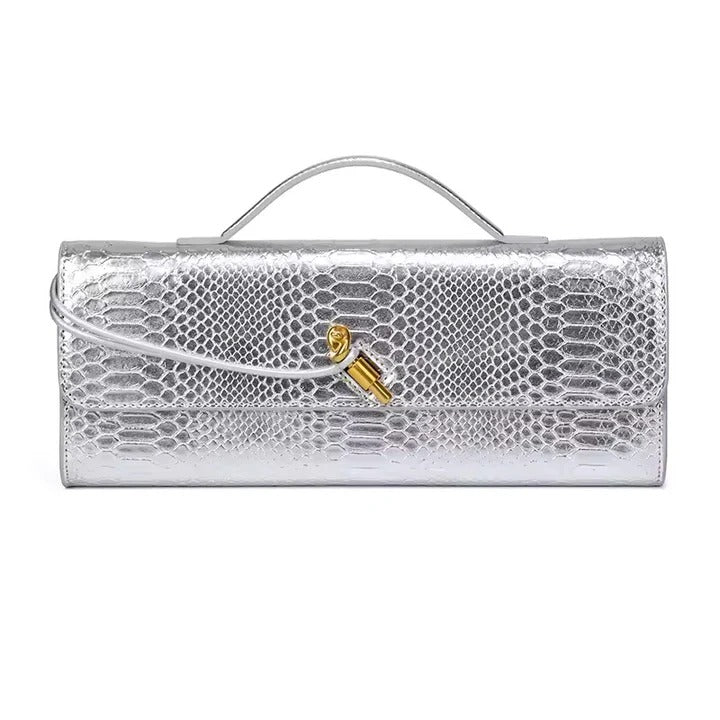 Snake-Embossed Handle Clutch with Gold-Tone Twist Detail