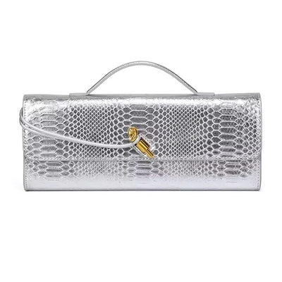 Snake-Embossed Handle Clutch with Gold-Tone Twist Detail