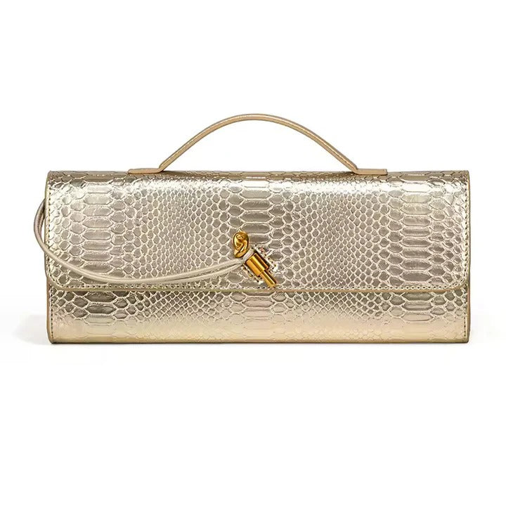 Snake-Embossed Handle Clutch with Gold-Tone Twist Detail