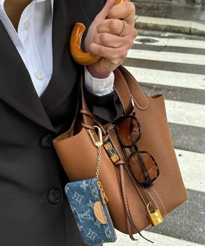 Structured Bucket Tote with Lock Detail