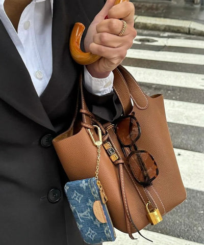Structured Bucket Tote with Lock Detail