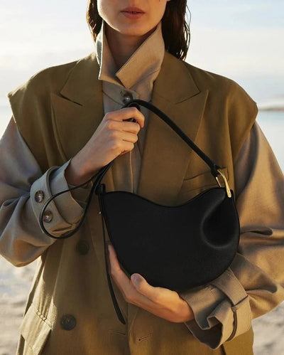 Curved Grain Shoulder Bag with Gold-Tone Accent