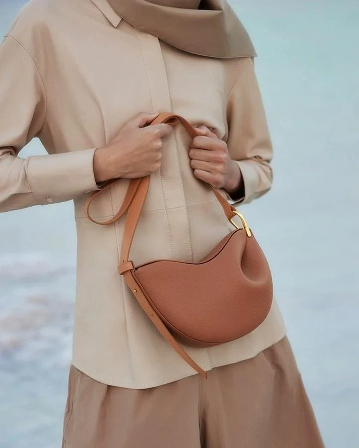 Curved Grain Shoulder Bag with Gold-Tone Accent