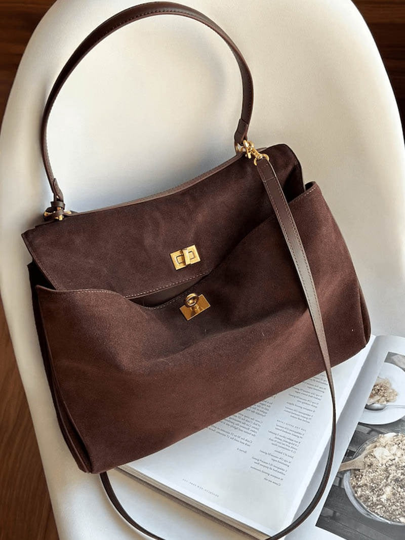Suede Flap Shoulder Bag with Ring Detail