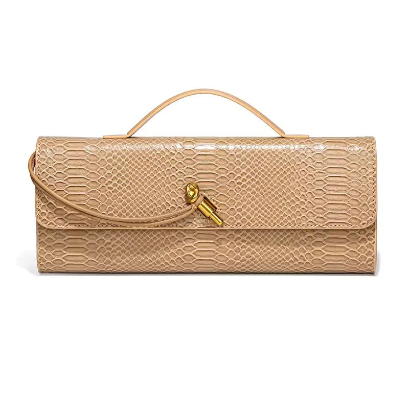 Snake-Embossed Handle Clutch with Gold-Tone Twist Detail